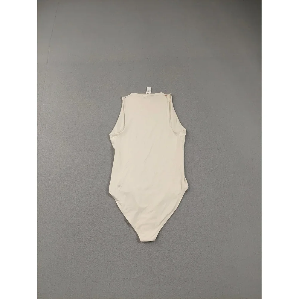 Lululemon Women Bodysuit XS Beige Ribbed Snap Gusset Thong Seamless High Neck